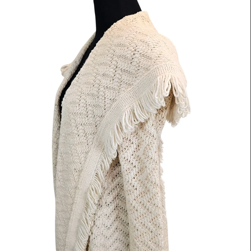 Angel of the North Fringe Cardigan Ivory Knit Boho Chevron Open Front Sweater M